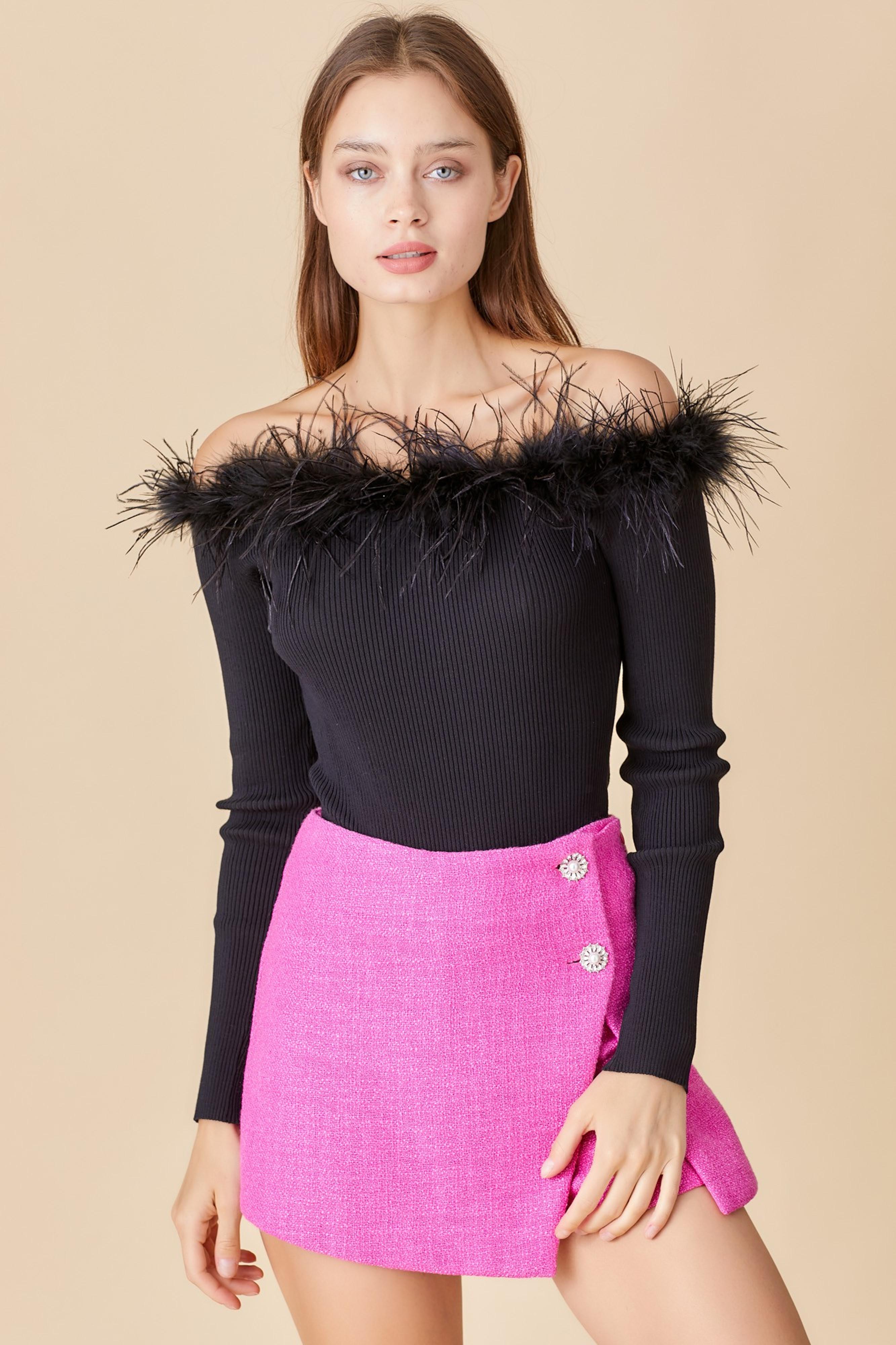  Waiting For You Faux Feather Cold Shoulder Bodysuit