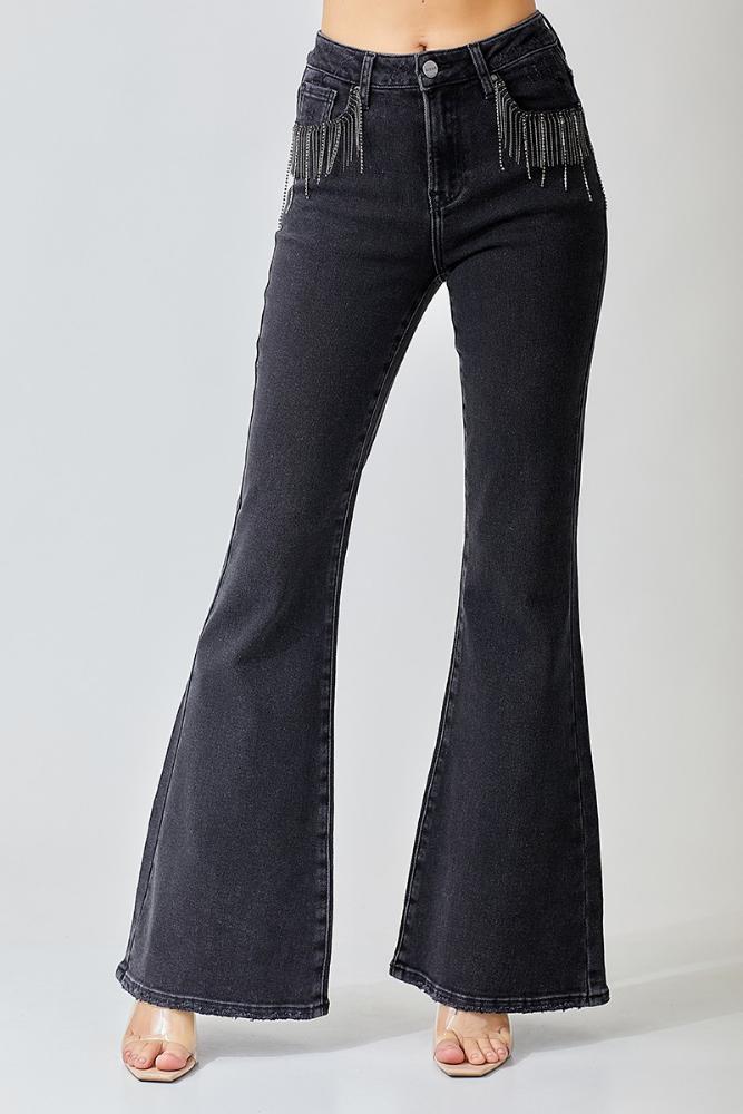 High Rise Embellished Flare Jeans: BLACK