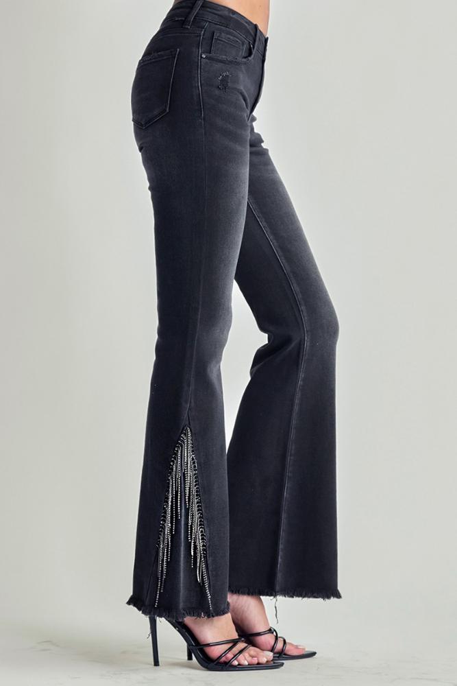 Mid Rise Rhinestone Detailed Flare Jeans: BLACK