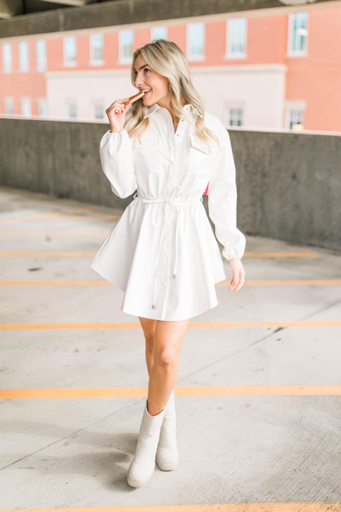 Ariella Faux Leather Dress: WHITE