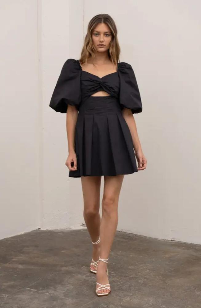 Destined For You Ruffled Puff Sleeve Mini Dress: BLACK