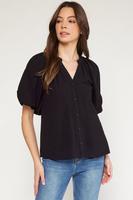 Laugh All Night Puff Sleeve Button Down Top: BLACK