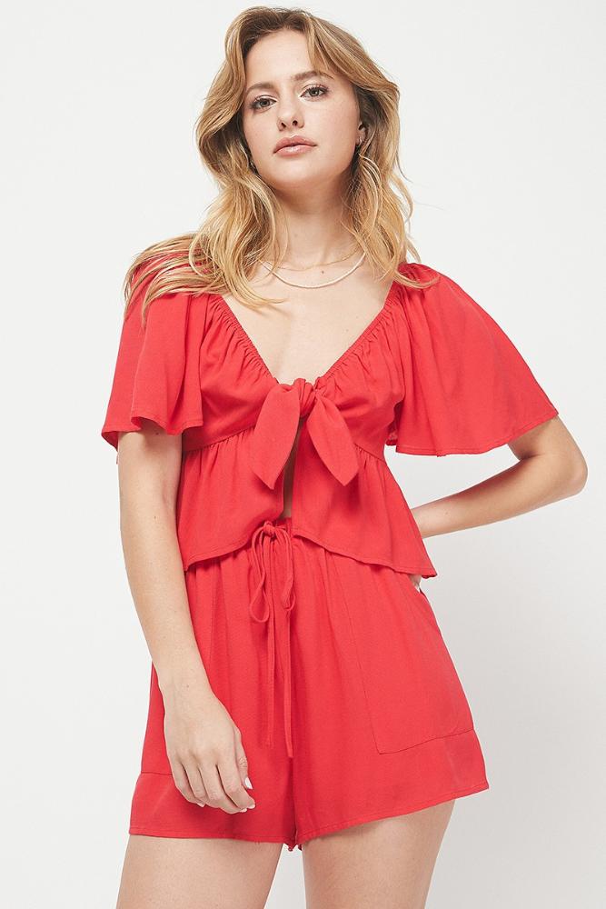 Lost With You Ruffled Flutter Sleeve Top: CHERRY