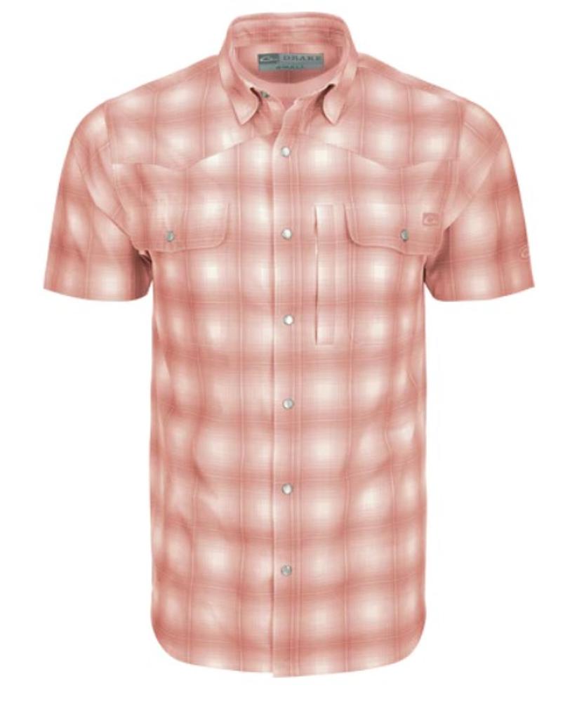Cinco Ranch Western Plaid Short Sleeve Button Up Shirt: PPL_PEACH_PEARL