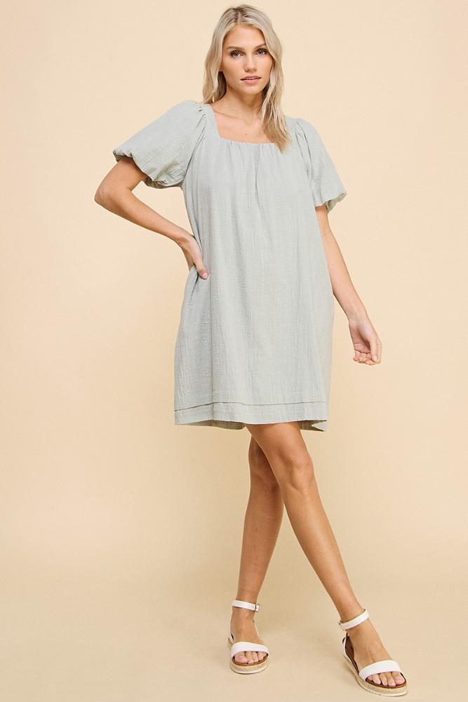 Thinking About You Puff Sleeve Textured Dress: SAGE