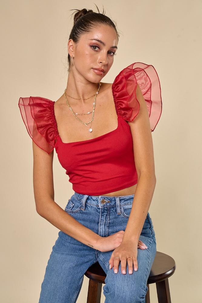 In Love With You Ruffle Sleeve Top: RED