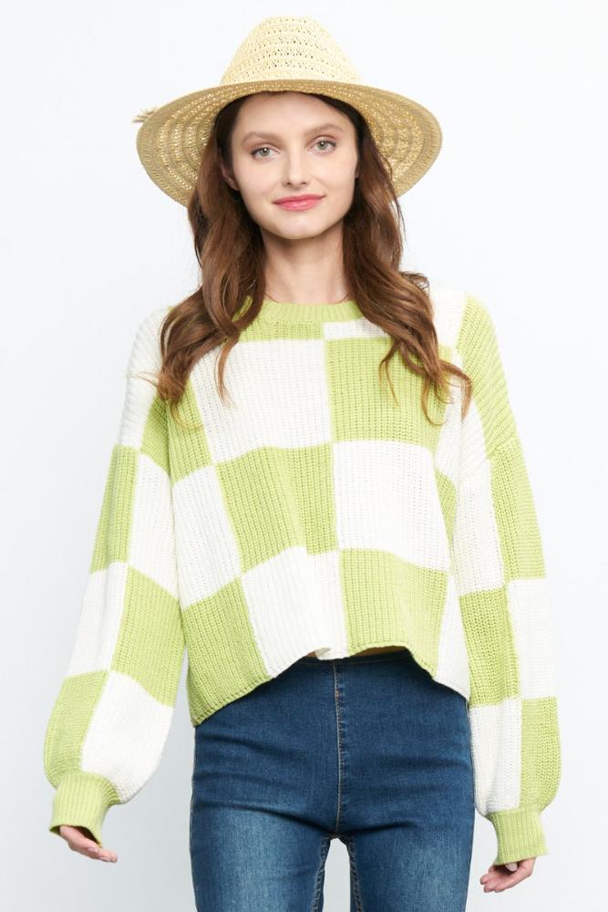 Favorite Season Checkered Sweater: LIME