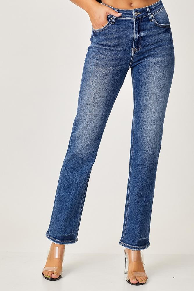 Eliza Mid Rise Slim Straight Jeans: DARK