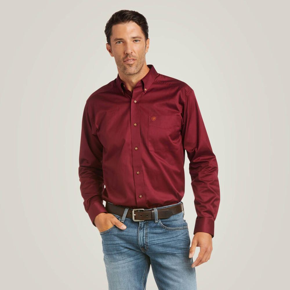 Solid Twill Long Sleeve Button Up Shirt: BURGUNDY