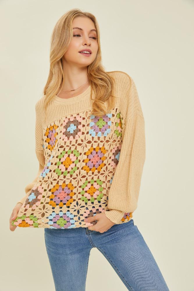 Get Along Crochet Detail Sweater: BISCUIT