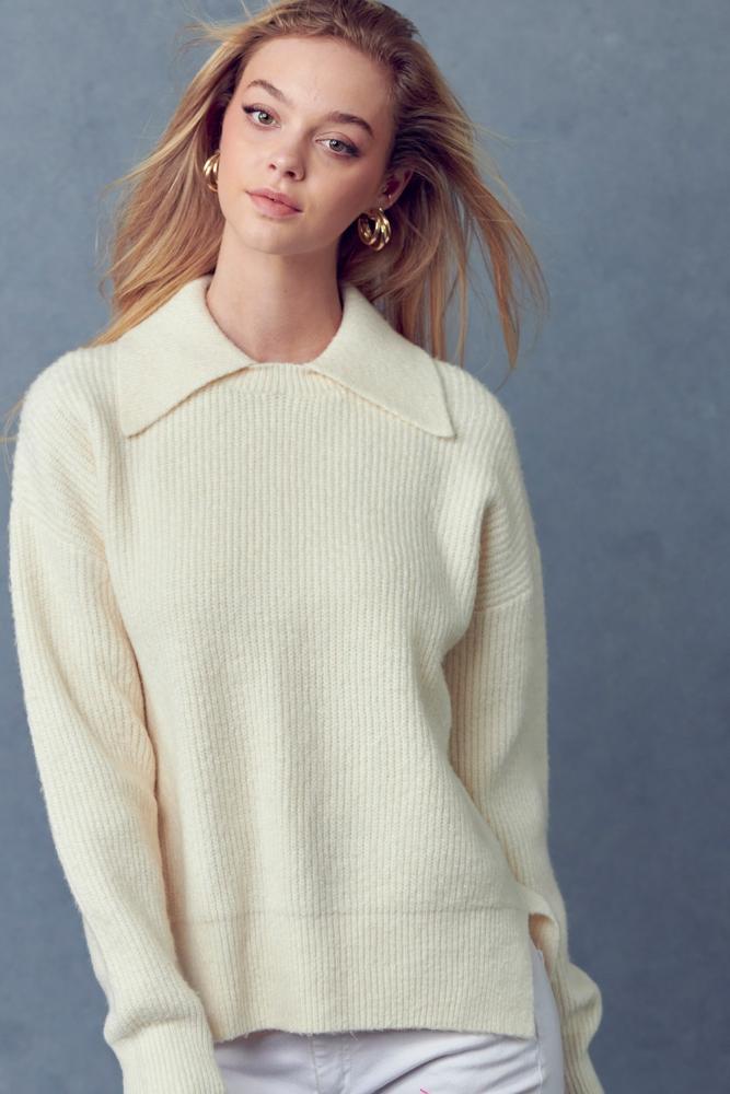 Twice The Fun Collared Sweater: IVORY