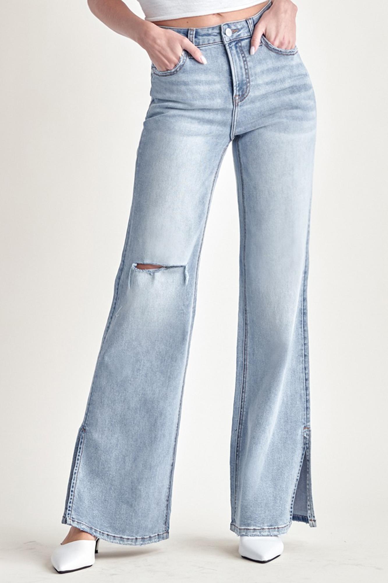 High Rise Distressed Wide Flare Jeans