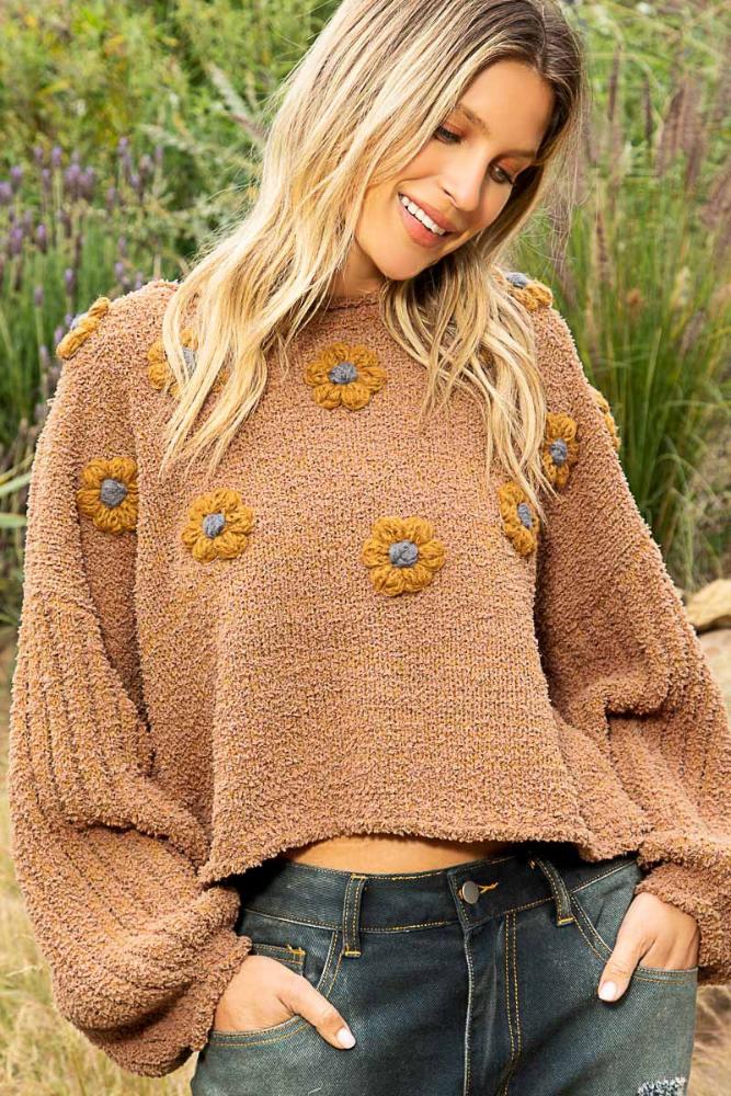 3D Floral Fleece Sweater: MOCHA