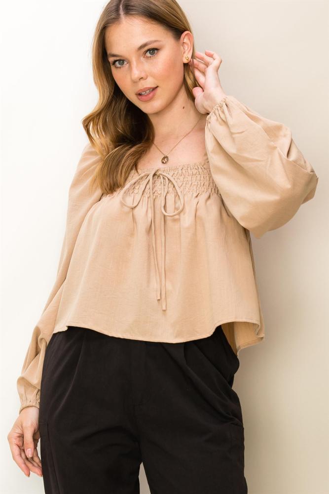One More Time Long Sleeve Puff Sleeve Top: CAMEL
