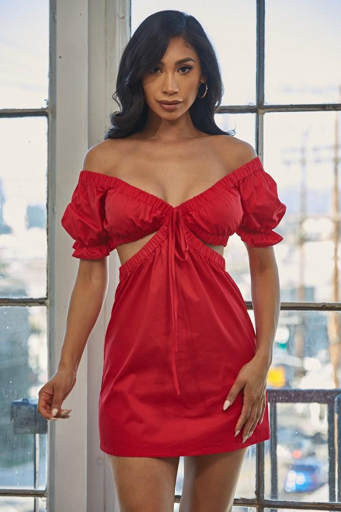 Cruise With Me Puff Sleeve Cut Out Dress: RED