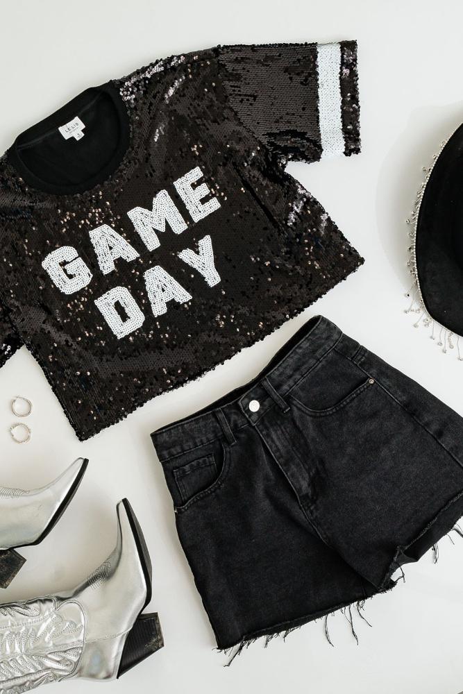 It`s Game Day Sequin Crop Top: BLACK