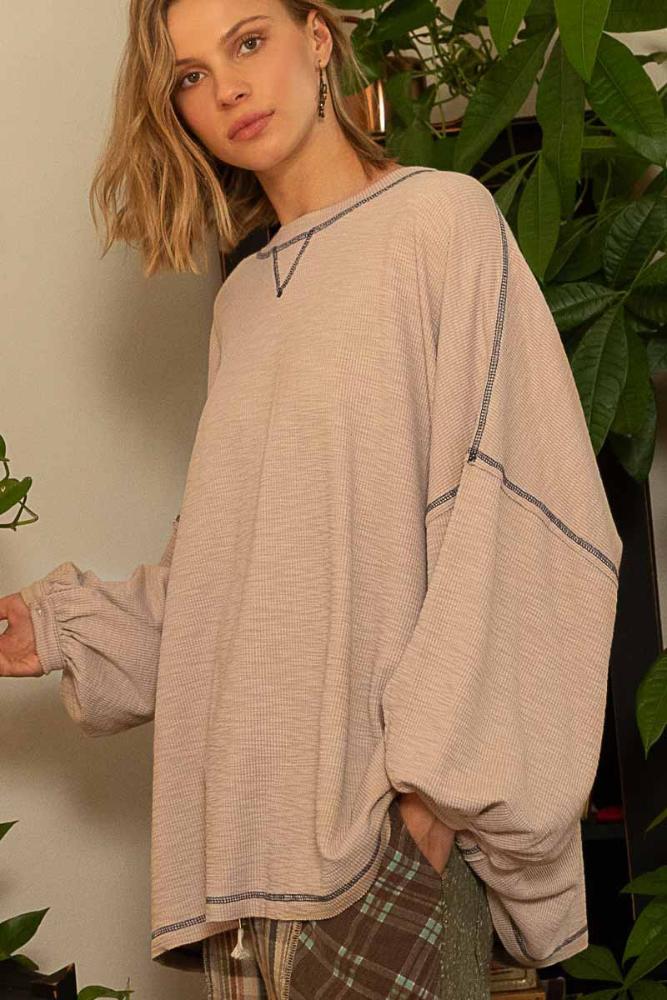 Every Minute Oversized Long Sleeve Top: ALMOND