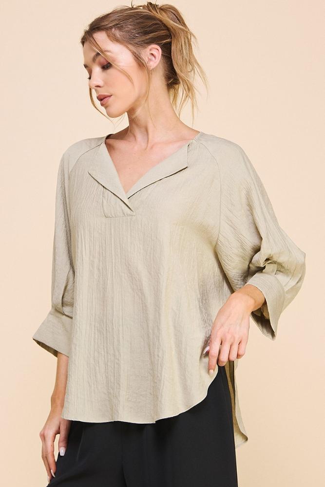 Easy Textured V Neck Long Sleeve Top (Item #AT8041)