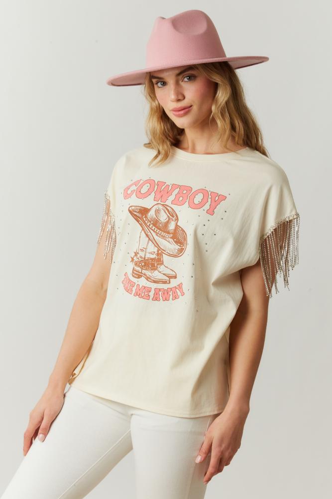 Only Cowboys Graphic Tshirt with Sleeve Details: CREAM