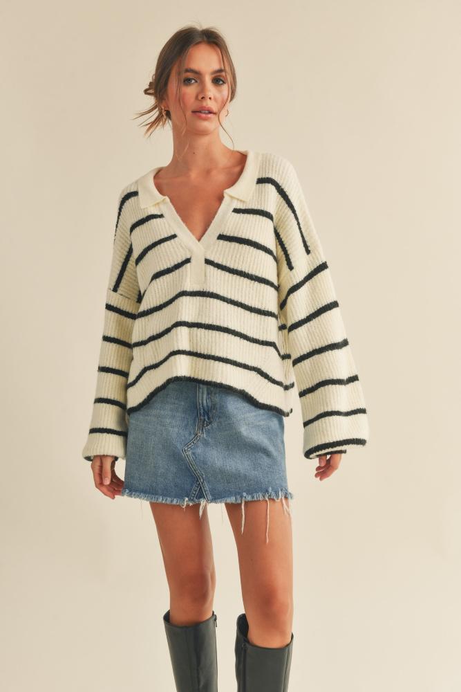 Just Sippin Wine Collared Striped Sweater (Item #T2711)