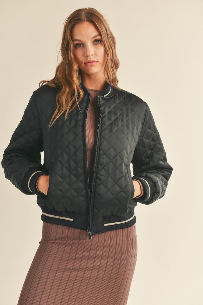 Quinn Quilted Bomber Jacket: BLACK