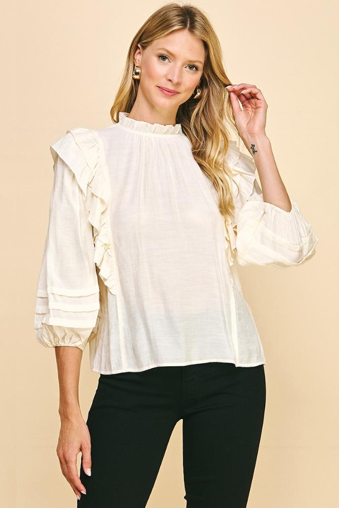 She Could Be It Ruffle Detail Long Sleeve Top: CREAM
