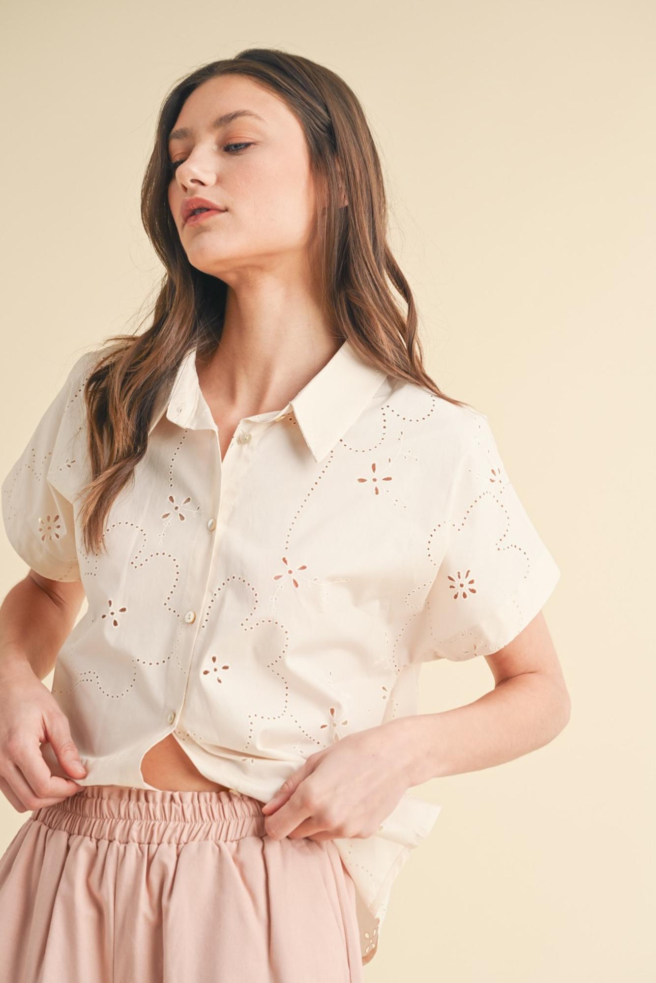 Floral Feelings Short Sleeve Button Down Eyelet Top
