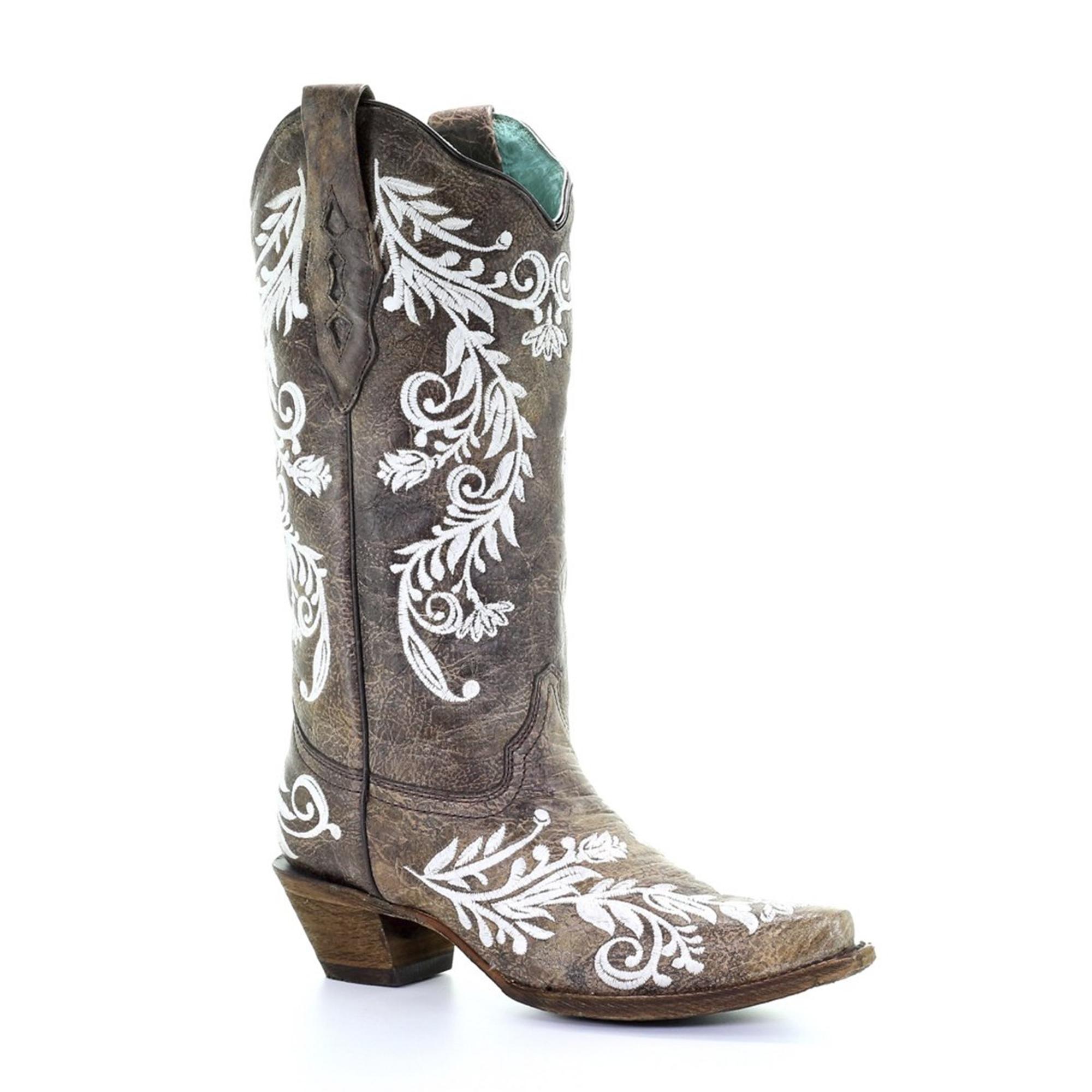 Brown & White Embroidered Boots