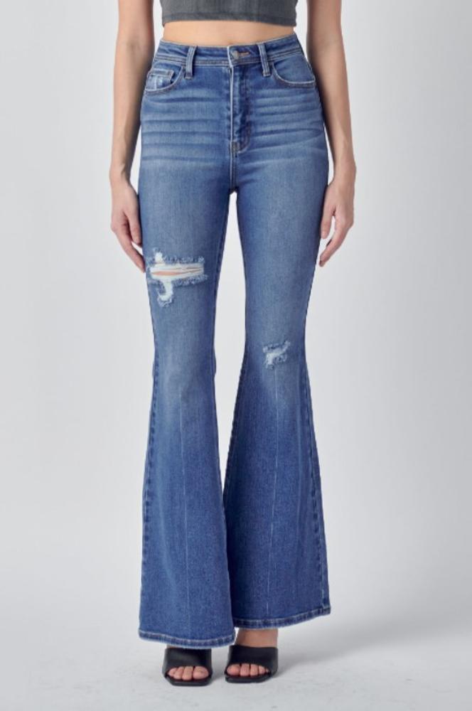 High Rise Distressed Super Flare Jeans (Item #AB38291)