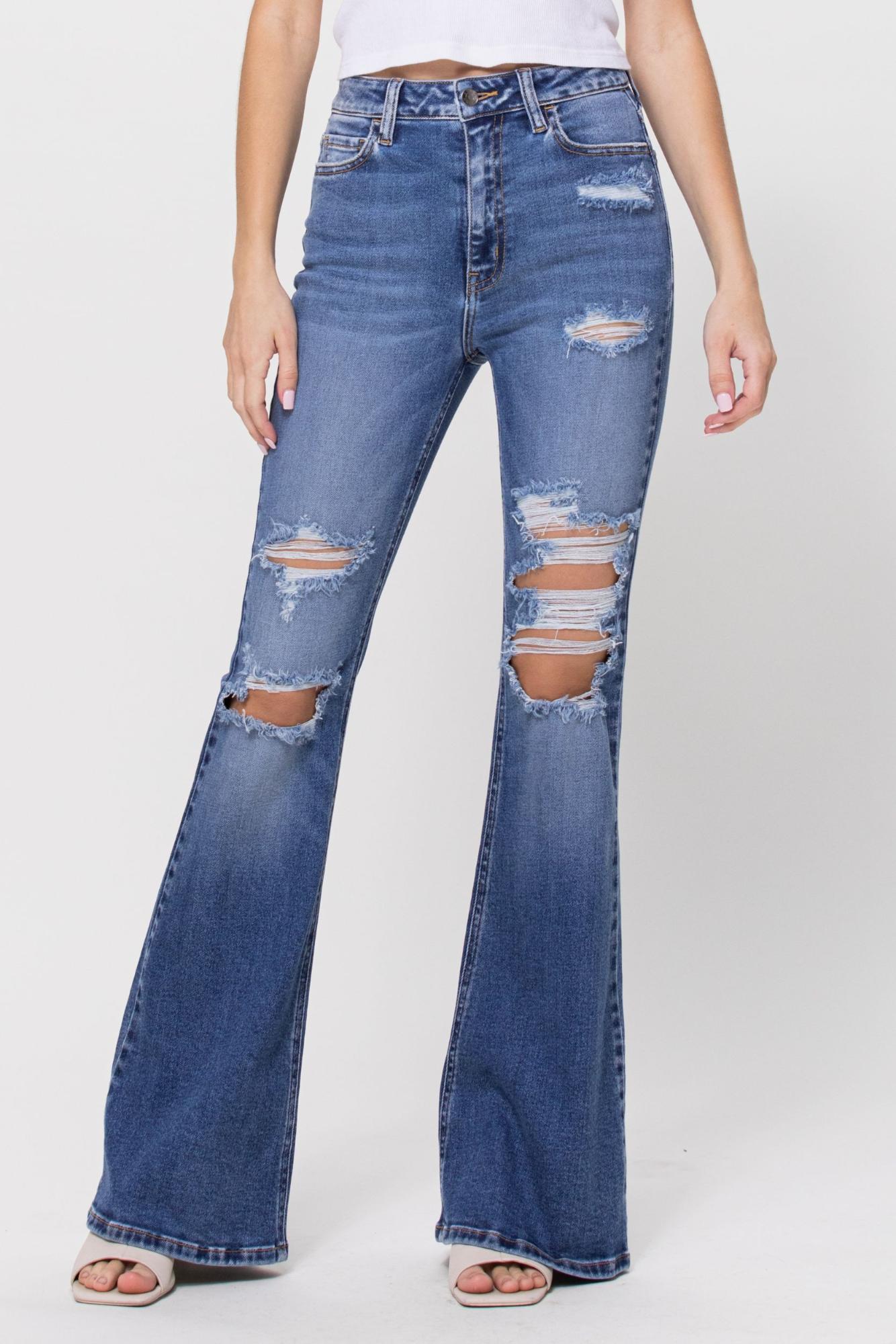 High Rise Distressed Super Flare Jeans
