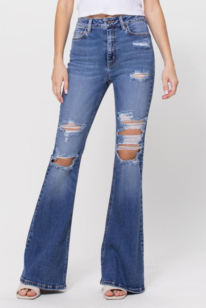 High Rise Distressed Super Flare Jeans (Item #WV37434)