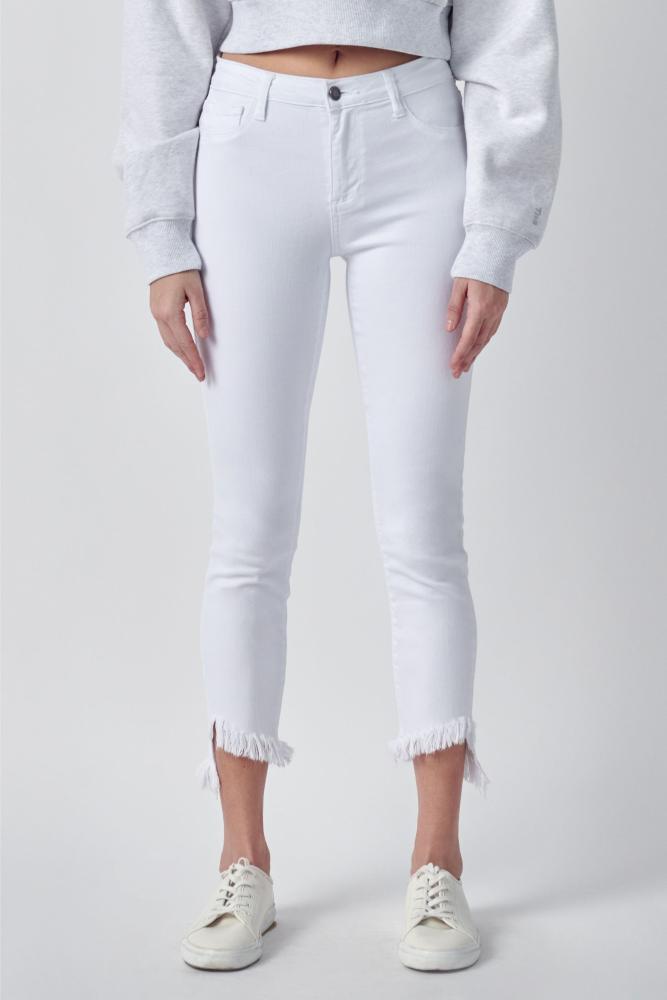 Mid Rise Crop Frayed Hem Skinny Jeans: WHITE