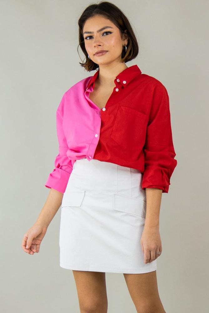 Leaving You Two Tone Button Down Shirt: RED