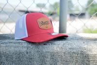 Leather Applique 115 Trucker Hat: RED/WHITE