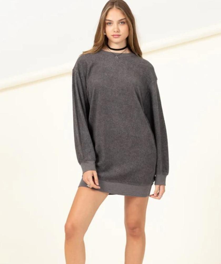 Daytime Shine Knit Long Sleeve Sweatshirt Dress: CHARCOAL