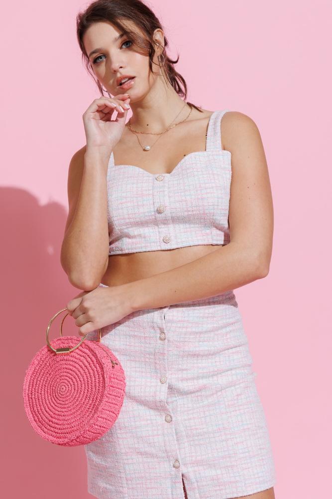 Here We Are Button Tweed Crop Top: PINK