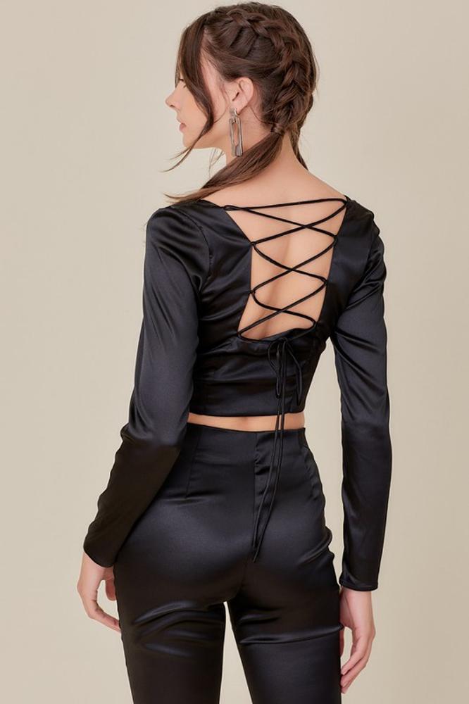 Gone For The Day Open Back Detail Crop Top: BLACK