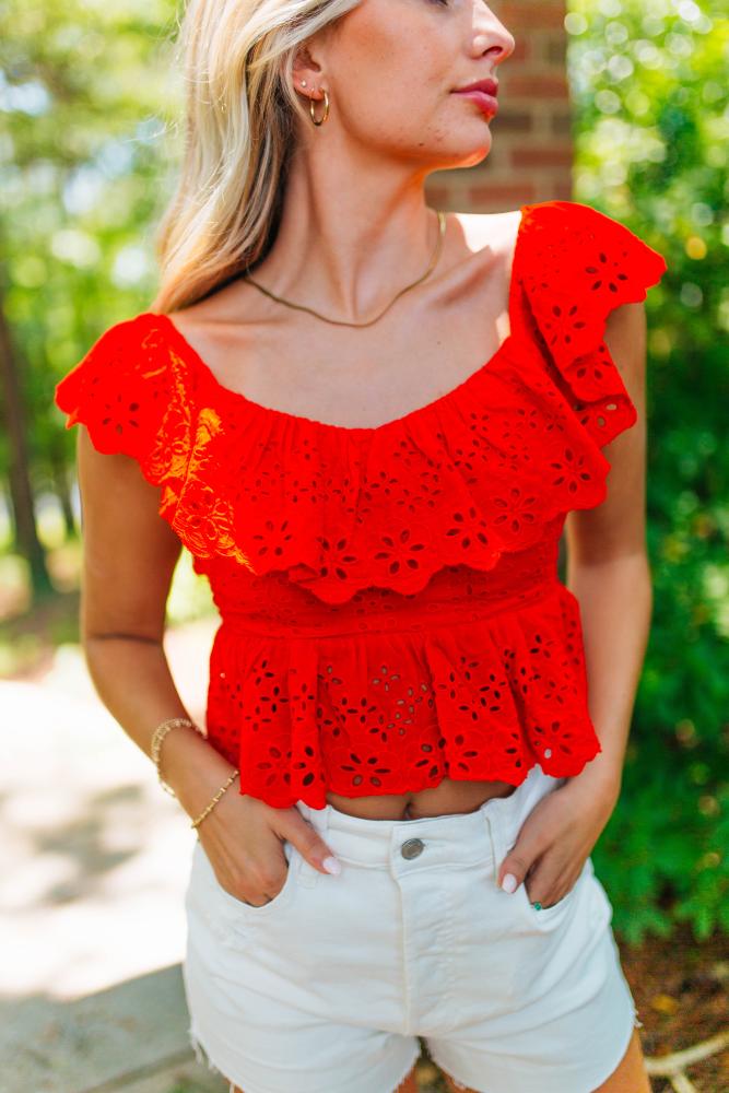 Take Me To The Game Eyelet Top: RED