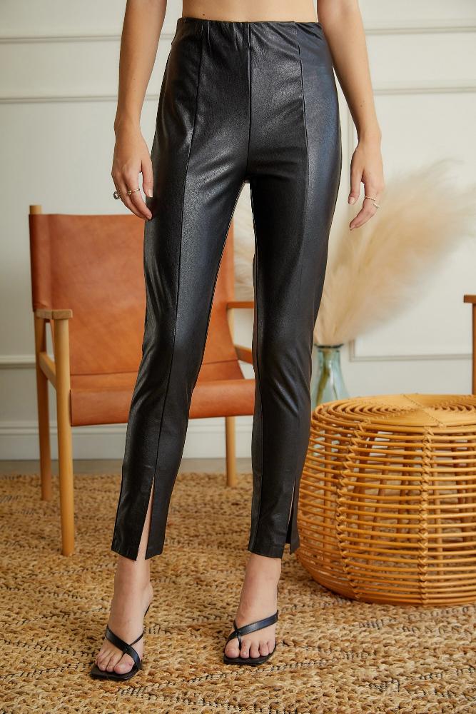 Love Again Leather Front Slit Detail Pants: BLACK