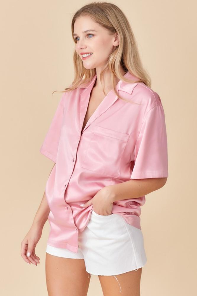 Playful Wishes Button Up Satin Top: MAUVE