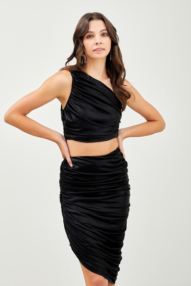 In My Head One Shoulder Ruched Top: BLACK