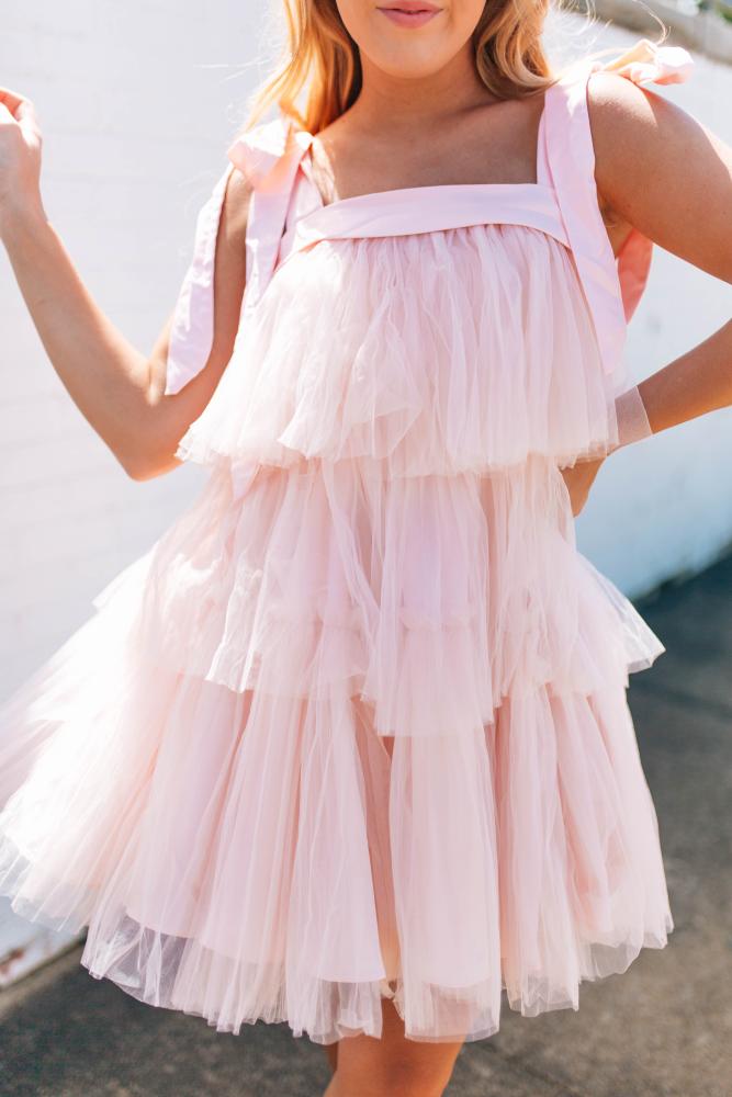 Passing Time Tiered Tulle Mini Dress: BLUSH