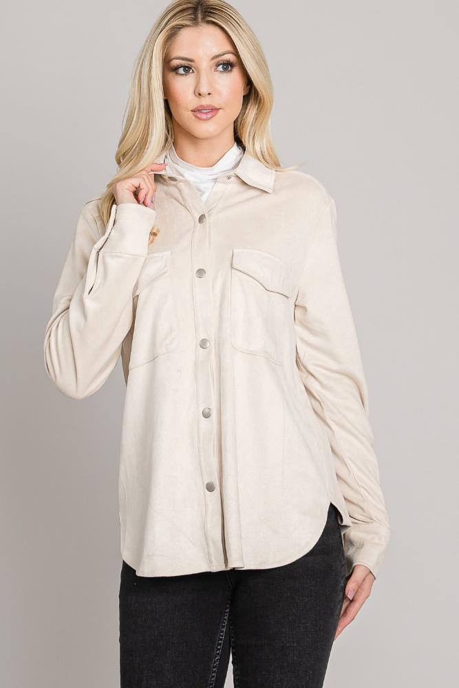 Wake Me Up Suede Button Down Top: TAN