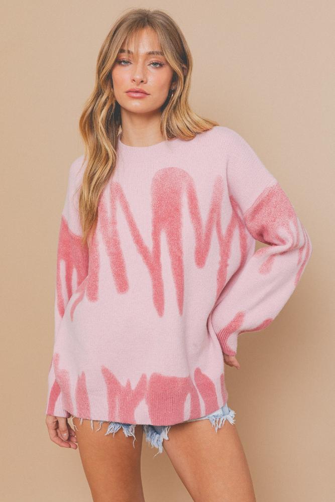 Simple Times Spray Print Sweater: PINK