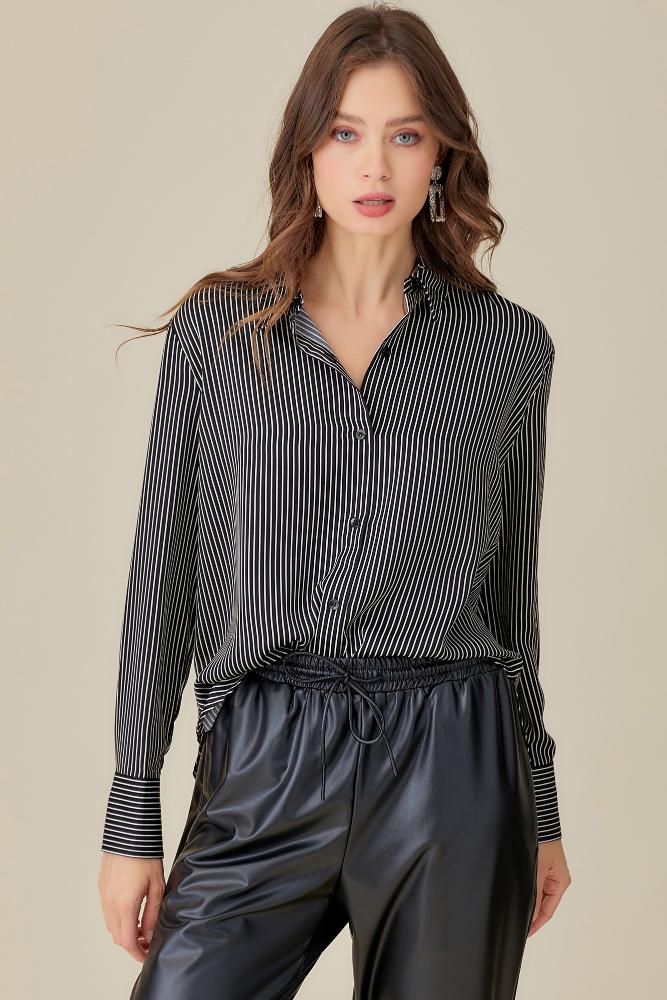 Simple Trends Striped Button Down: BLACK