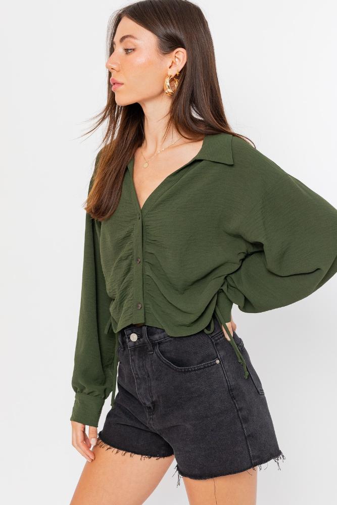 Key Moment Ruched Button Down Top