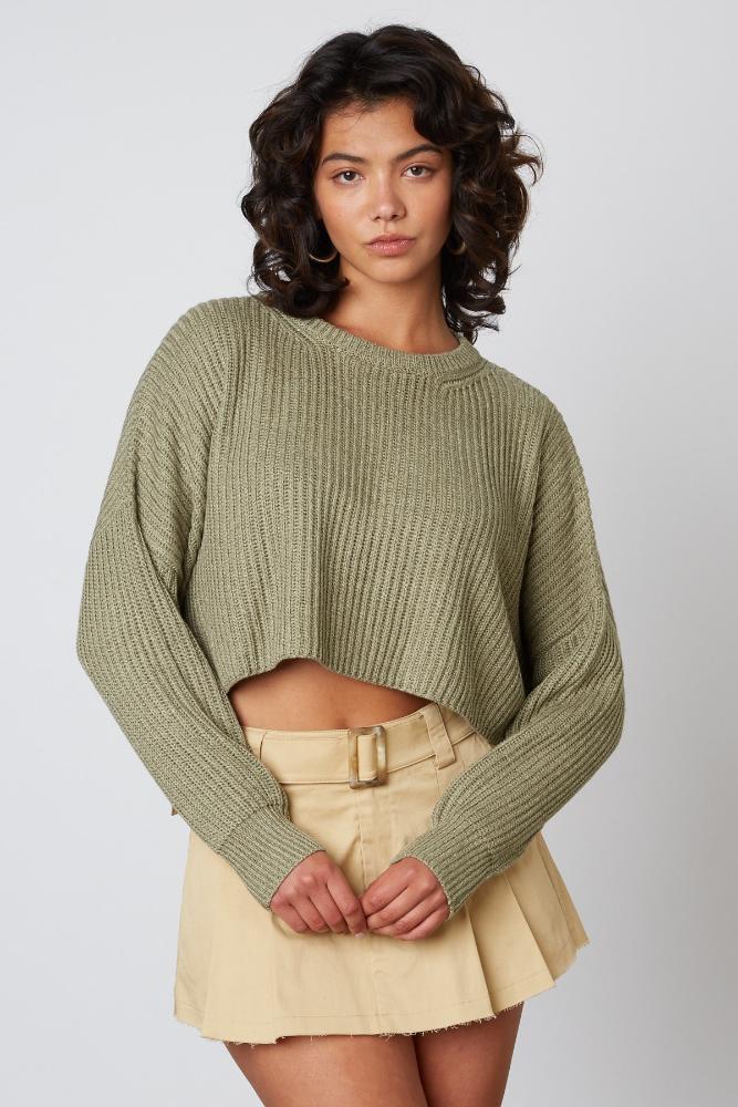 My Heart Say Yes Cropped Knit Sweater: OLIVE