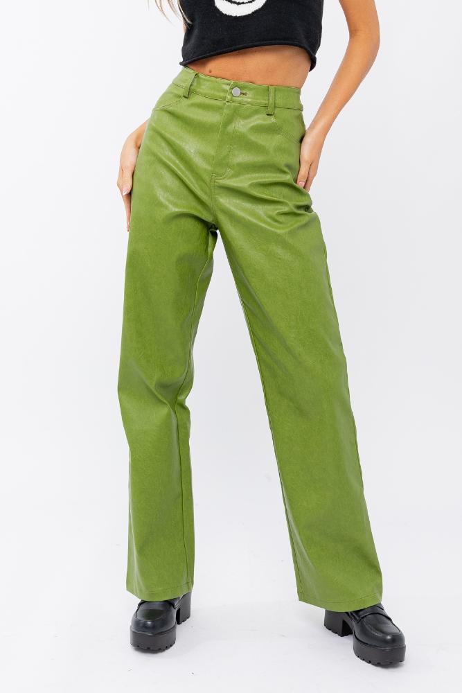 The Only One Leather Wide Leg Pants: GREEN