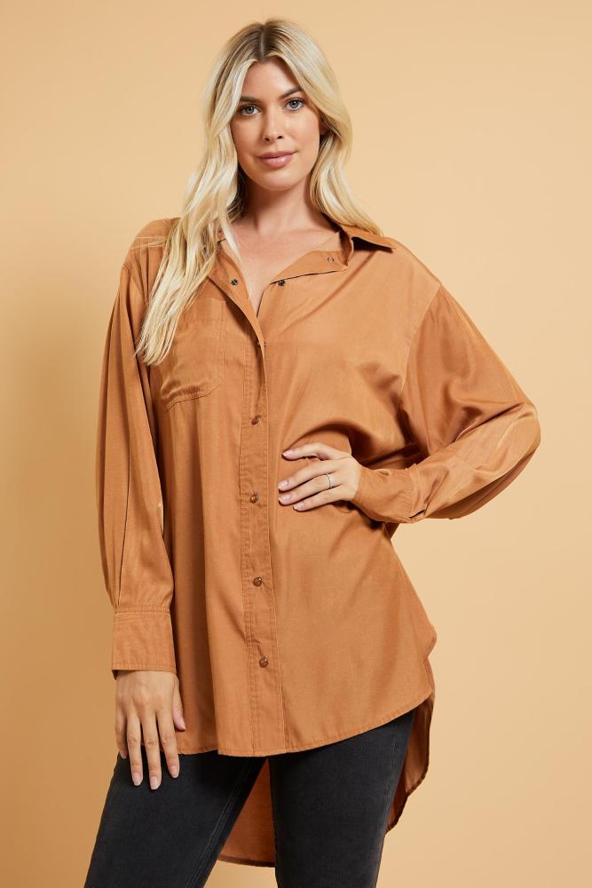 Picture Perfect Oversized Shirt: CAMEL