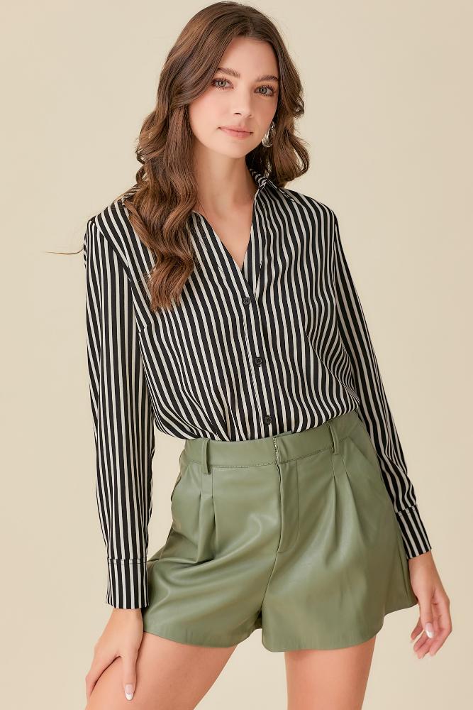 Excited For You Striped Button Down Shirt: BLACK